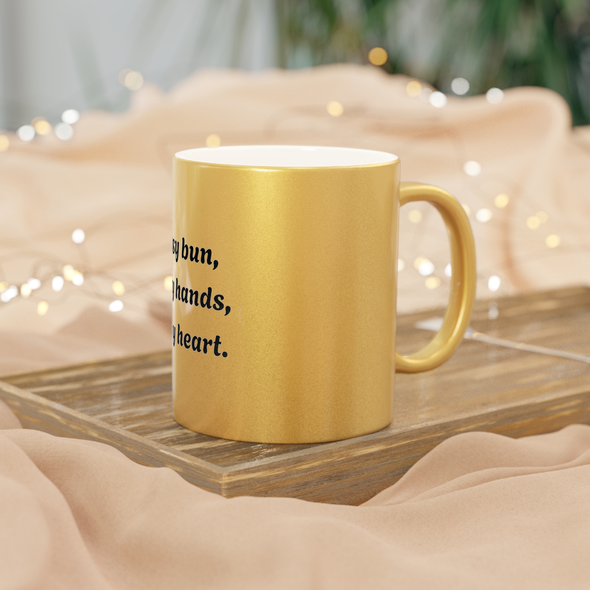 Metallic "Messy bun, crafty hands, happy heart." Mug (SilverGold) - Image 9