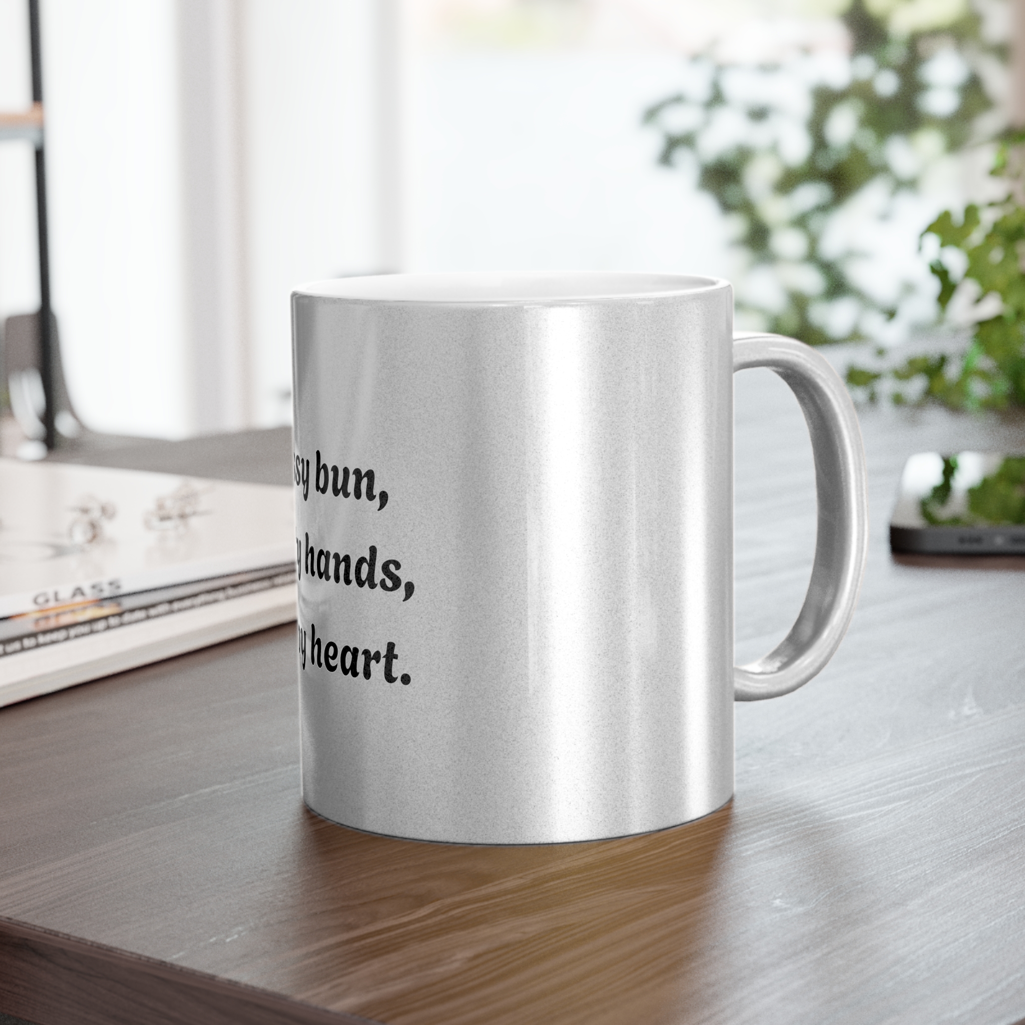 Metallic "Messy bun, crafty hands, happy heart." Mug (SilverGold) - Image 5